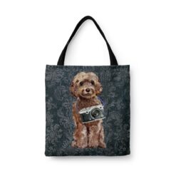 denim dogs tote brown cockapoo dark damask denim front view white