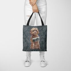denim dogs tote brown cockapoo dark damask denim tote woman trowsers front view