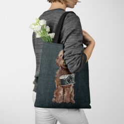denim dogs tote brown cockapoo dark denim tote woman jumper walking view