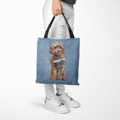 denim dogs tote brown cockapoo gently faded denim tote woman trowsers walking view