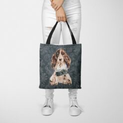 Brown Cocker Spaniel Dog Denim Style Tote Bag 50 denim dogs tote brown cocker spaniel dark damask denim tote woman trowsers front view