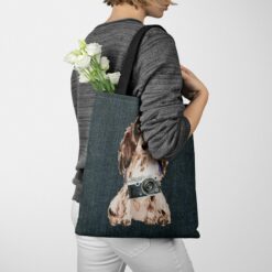 Brown Cocker Spaniel Dog Denim Style Tote Bag 51 denim dogs tote brown cocker spaniel dark denim tote woman jumper walking view