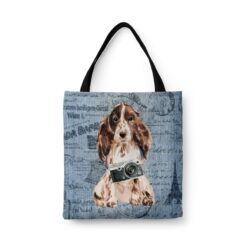 Brown Cocker Spaniel Dog Denim Style Tote Bag 41 denim dogs tote brown cocker spaniel faded ephemera denim front view white