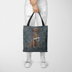 Brown Labrador retriever Dog Denim Style Tote Bag 50 denim dogs tote brown labrador retriever dark damask denim tote woman trowsers front view