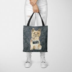 denim dogs tote cairn terrier dark damask denim tote woman trowsers front view