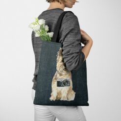 denim dogs tote cairn terrier dark denim tote woman jumper walking view