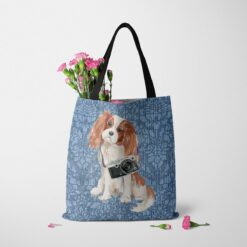 Cavalier King Charles Spaniel Dog Denim Style Tote Bag 48 denim dogs tote cavalier king charles spaniel bleached damask denim tote standing carnations