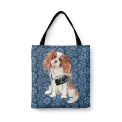 Cavalier King Charles Spaniel Dog Denim Style Tote Bag 47 denim dogs tote cavalier king charles spaniel daisy denim front view white
