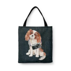 Cavalier King Charles Spaniel Dog Denim Style Tote Bag 46 denim dogs tote cavalier king charles spaniel dark denim front view white