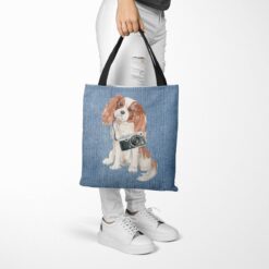 Cavalier King Charles Spaniel Dog Denim Style Tote Bag 53 denim dogs tote cavalier king charles spaniel gently faded denim tote woman trowsers walking view