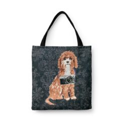 denim dogs tote cavapoo dark damask denim front view white