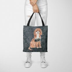 denim dogs tote cavapoo dark damask denim tote woman trowsers front view