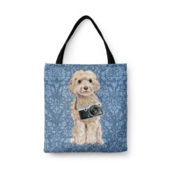 Champagne cockapoo Dog Denim Style Tote Bag 44 denim dogs tote champagne cockapoo bleached damask denim front view white