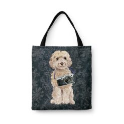 Champagne cockapoo Dog Denim Style Tote Bag 43 denim dogs tote champagne cockapoo dark damask denim front view white