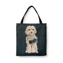 Champagne cockapoo Dog Denim Style Tote Bag 46 denim dogs tote champagne cockapoo dark denim front view white