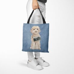 Champagne cockapoo Dog Denim Style Tote Bag 53 denim dogs tote champagne cockapoo gently faded denim tote woman trowsers walking view