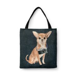 Chihuahua Dog Denim Style Tote Bag 46 denim dogs tote chihuahua dark denim front view white