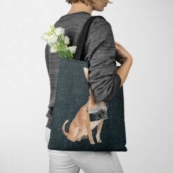 Chihuahua Dog Denim Style Tote Bag 51 denim dogs tote chihuahua dark denim tote woman jumper walking view