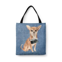 Chihuahua Dog Denim Style Tote Bag 45 denim dogs tote chihuahua gently faded denim front view white