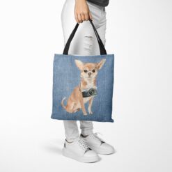Chihuahua Dog Denim Style Tote Bag 53 denim dogs tote chihuahua gently faded denim tote woman trowsers walking view