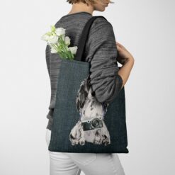 Cocker Spaniel Dog Denim Style Tote Bag 51 denim dogs tote cocker spaniel dark denim tote woman jumper walking view