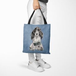 Cocker Spaniel Dog Denim Style Tote Bag 53 denim dogs tote cocker spaniel gently faded denim tote woman trowsers walking view