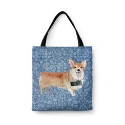 denim dogs tote corgi bleached damask denim front view white