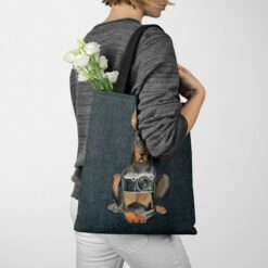 Doberman Dog Denim Style Tote Bag 51 denim dogs tote doberman dark denim tote woman jumper walking view