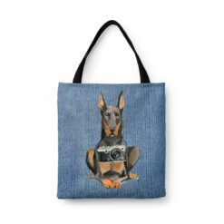 Doberman Dog Denim Style Tote Bag 45 denim dogs tote doberman gently faded denim front view white