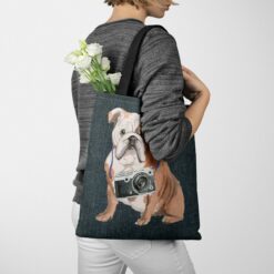 English Bulldog Dog Denim Style Tote Bag 51 denim dogs tote english bulldog dark denim tote woman jumper walking view