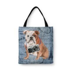 English Bulldog Dog Denim Style Tote Bag 41 denim dogs tote english bulldog faded ephemera denim front view white
