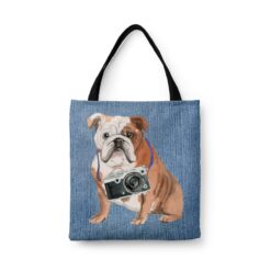 English Bulldog Dog Denim Style Tote Bag 45 denim dogs tote english bulldog gently faded denim front view white