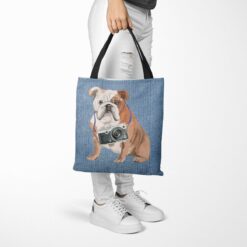 English Bulldog Dog Denim Style Tote Bag 53 denim dogs tote english bulldog gently faded denim tote woman trowsers walking view