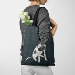 denim dogs tote english pointer dark denim tote woman jumper walking view