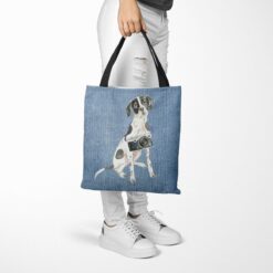 denim dogs tote english pointer gently faded denim tote woman trowsers walking view
