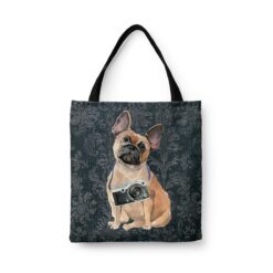 French Bulldog Dog Denim Style Tote Bag 43 denim dogs tote french bulldog dark damask denim front view white