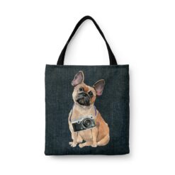 French Bulldog Dog Denim Style Tote Bag 46 denim dogs tote french bulldog dark denim front view white