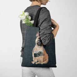 French Bulldog Dog Denim Style Tote Bag 51 denim dogs tote french bulldog dark denim tote woman jumper walking view