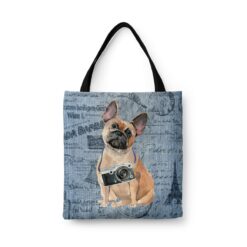 French Bulldog Dog Denim Style Tote Bag 41 denim dogs tote french bulldog faded ephemera denim front view white