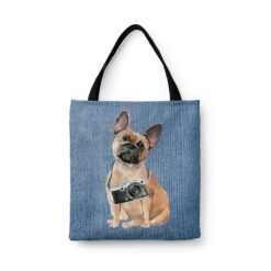French Bulldog Dog Denim Style Tote Bag 45 denim dogs tote french bulldog gently faded denim front view white
