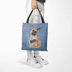 French Bulldog Dog Denim Style Tote Bag 53 denim dogs tote french bulldog gently faded denim tote woman trowsers walking view