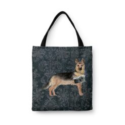 German Shepherd Dog Denim Style Tote Bag 43 denim dogs tote german shepherd dark damask denim front view white