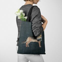 German Shepherd Dog Denim Style Tote Bag 51 denim dogs tote german shepherd dark denim tote woman jumper walking view