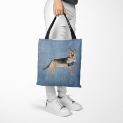 German Shepherd Dog Denim Style Tote Bag 53 denim dogs tote german shepherd gently faded denim tote woman trowsers walking view