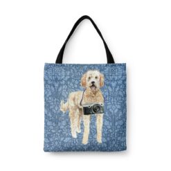 denim dogs tote golden doodle bleached damask denim front view white