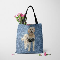 denim dogs tote golden doodle bleached damask denim tote standing carnations