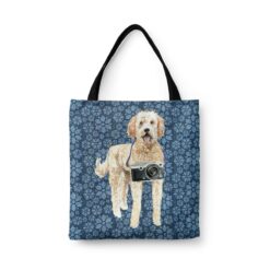 denim dogs tote golden doodle daisy denim front view white