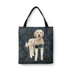 denim dogs tote golden doodle dark damask denim front view white