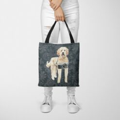 denim dogs tote golden doodle dark damask denim tote woman trowsers front view