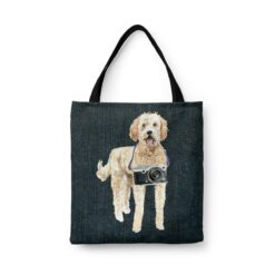 denim dogs tote golden doodle dark denim front view white